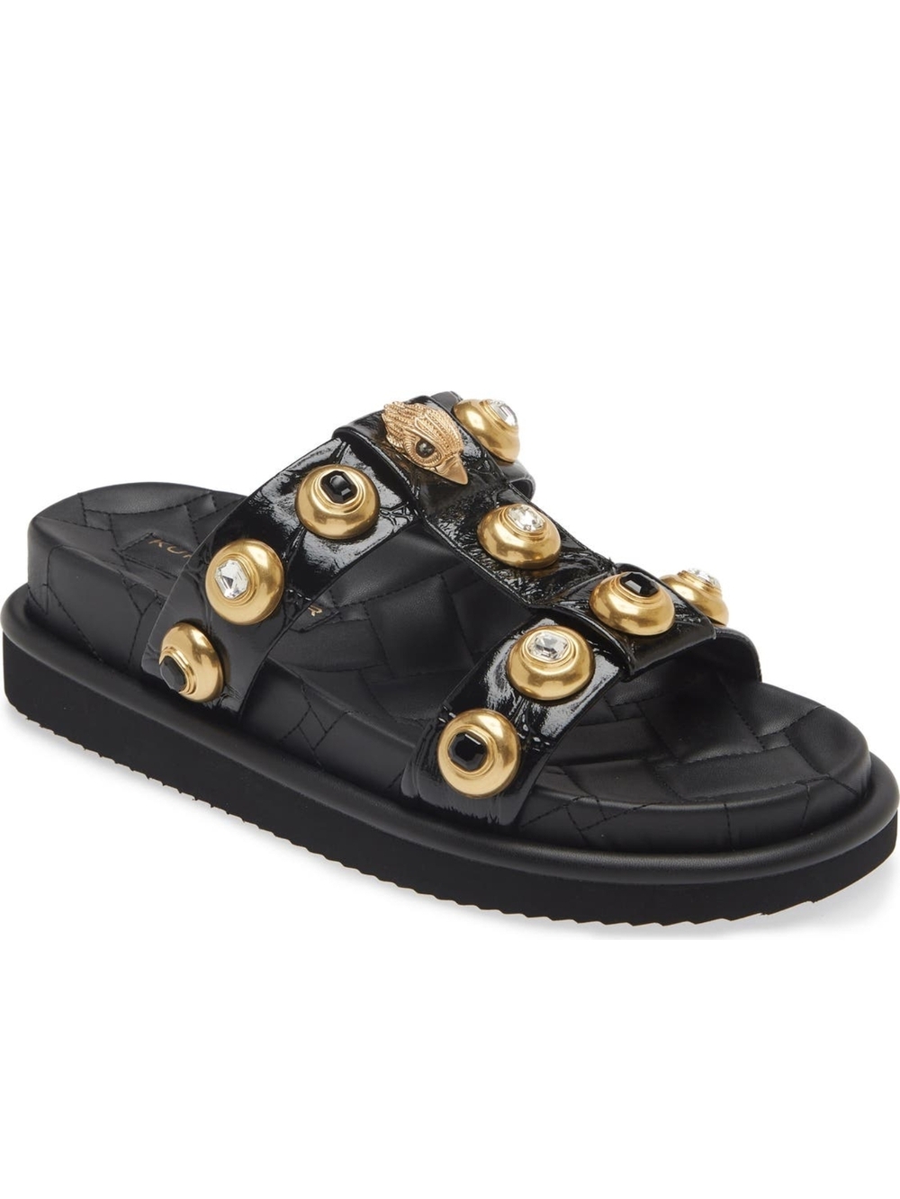 Kurt Geiger Wide Comfy Flat Black Studded Slide Sandals Gold Logo Accents